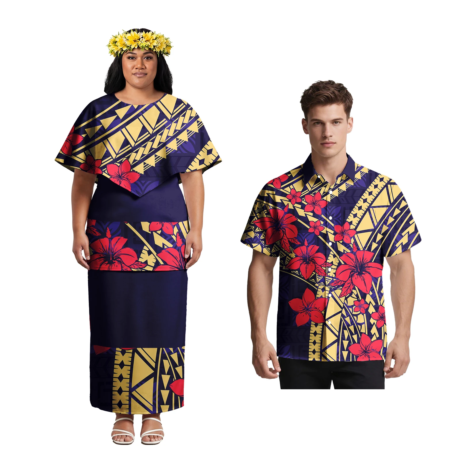 

Island Plus Size Ruffles Collar Women Puletasi Samoan Men Button Shirts Tribal Creativity Design Polynesian Couple Match Outfits