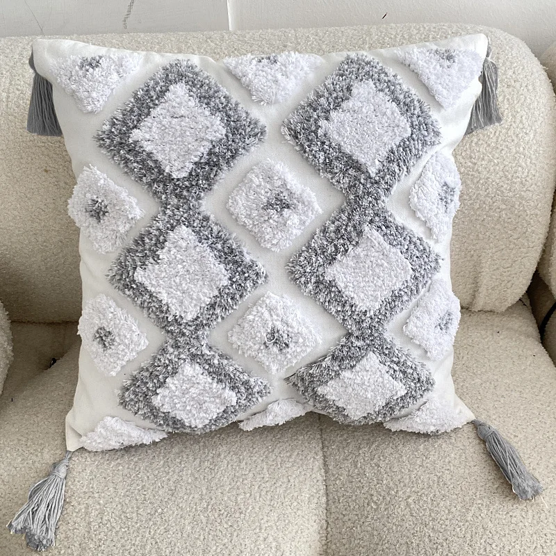 Grey Geometric Tufted Cushion Cover Cotton Canvas Tufted Pillowcase Four Corner Tassel Sofa Pillow Cover for Living Room