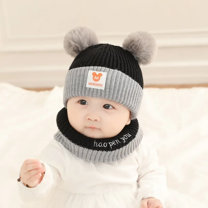 Disney Mickey Mouse Children\'s Cartoon Knitted Hat Scarf Suit Cute Animation Baby Boy Girl Beanie Infant Skull Cap Winter Warm