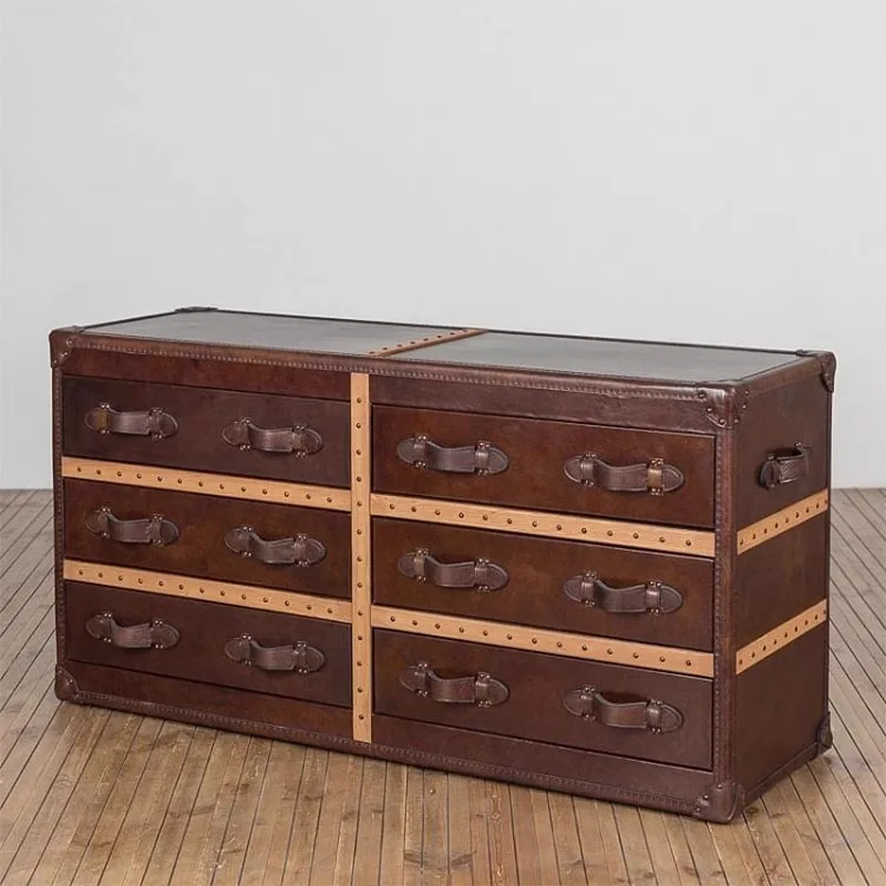 

French medieval leather box type bucket cabinet American retro oil wax leather six chest locker cigar bar room storage cabinet