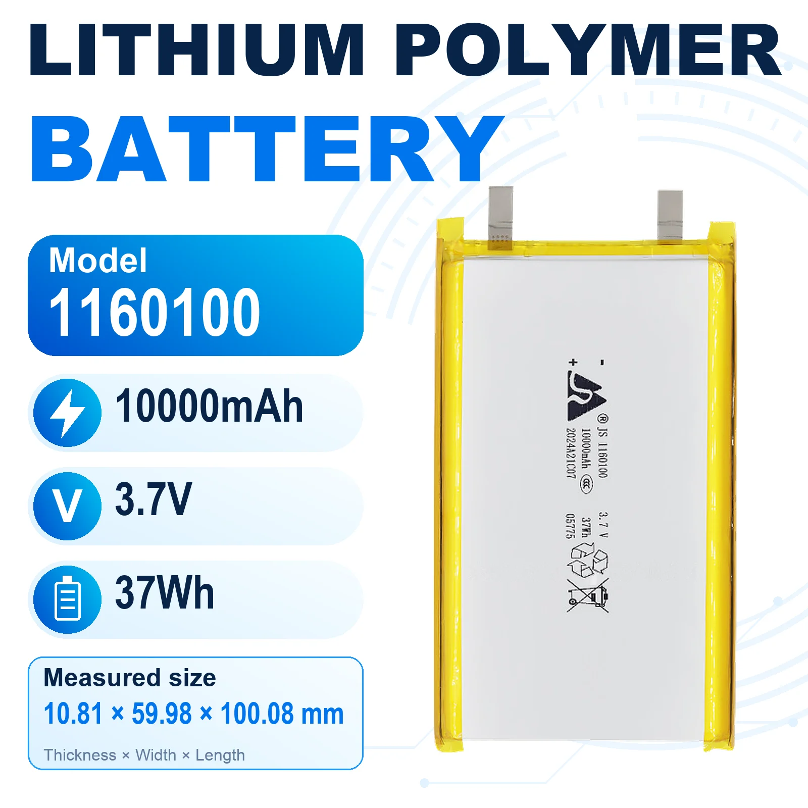 JS 1160100 3.7V 10000mAh Rechargeable LiPo Battery Lithium Polymer Pouch Cell with Flat Metal Tabs