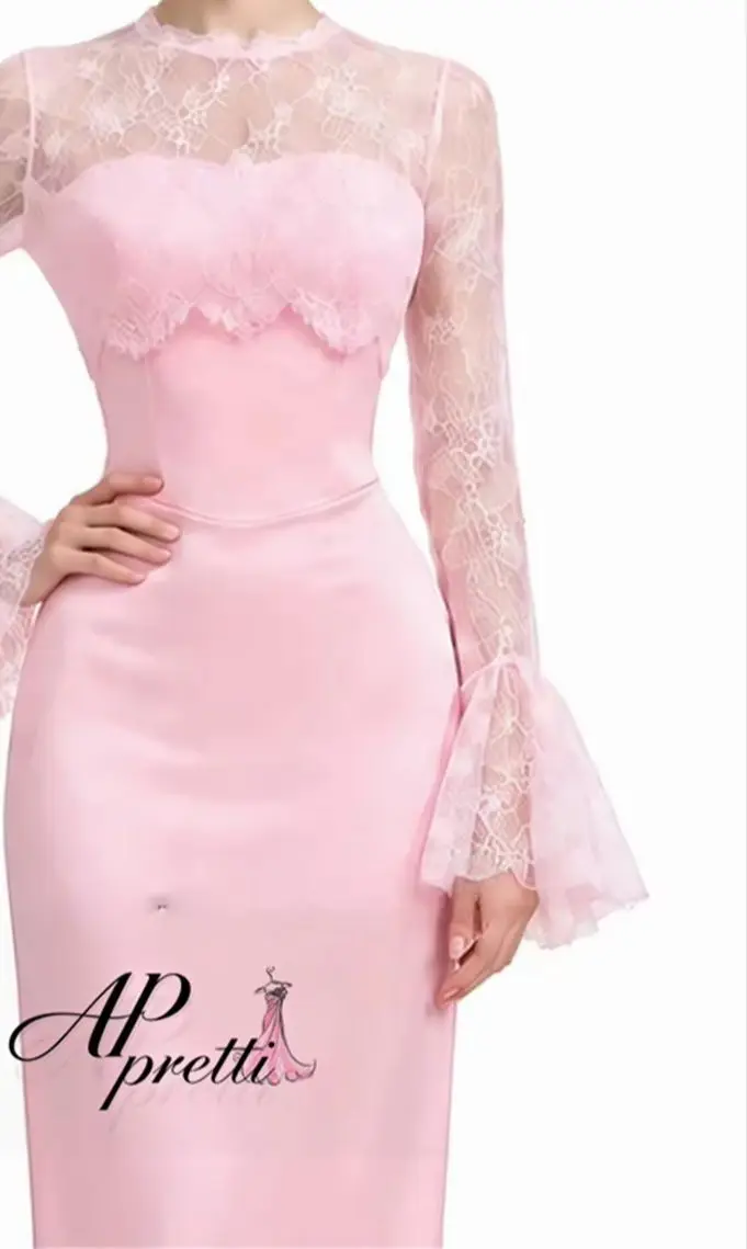 AP pretti Glamorous Pink O-Neck Lace Long Flare Sleeve Evening Gown Dress Satin Straight Party Dress Prom Gown Customized