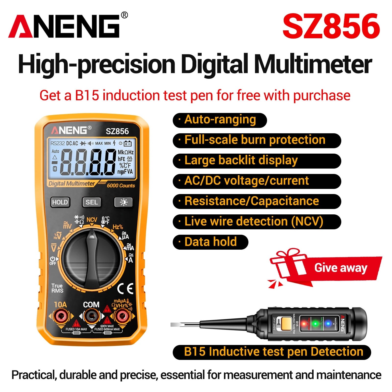 Multimètre LCD rétroéclairé ANENG SZ856, 6000 comptes, 600V AC/DC, détecteur de courant, de résistance et de fréquence, fonction de maintien des données, sonde B15 offerte