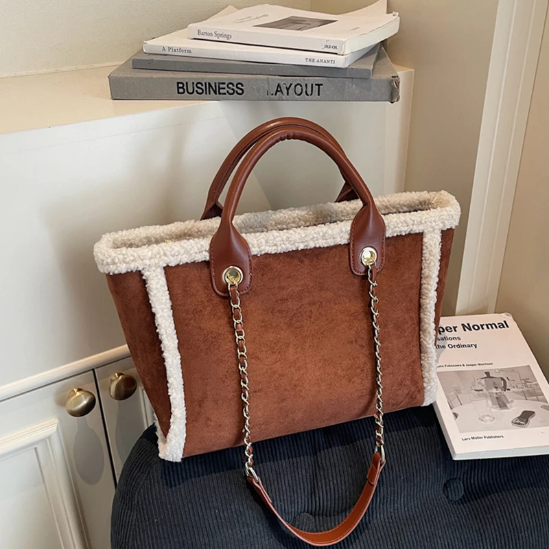 

Дизайнерская большая сумка, модная сумка из овечьей шерсти, фирменные сумки на плечо с цепочками, женская большая сумка для покупок, 2025 зимняя сумка из искусственного меха Bolsos