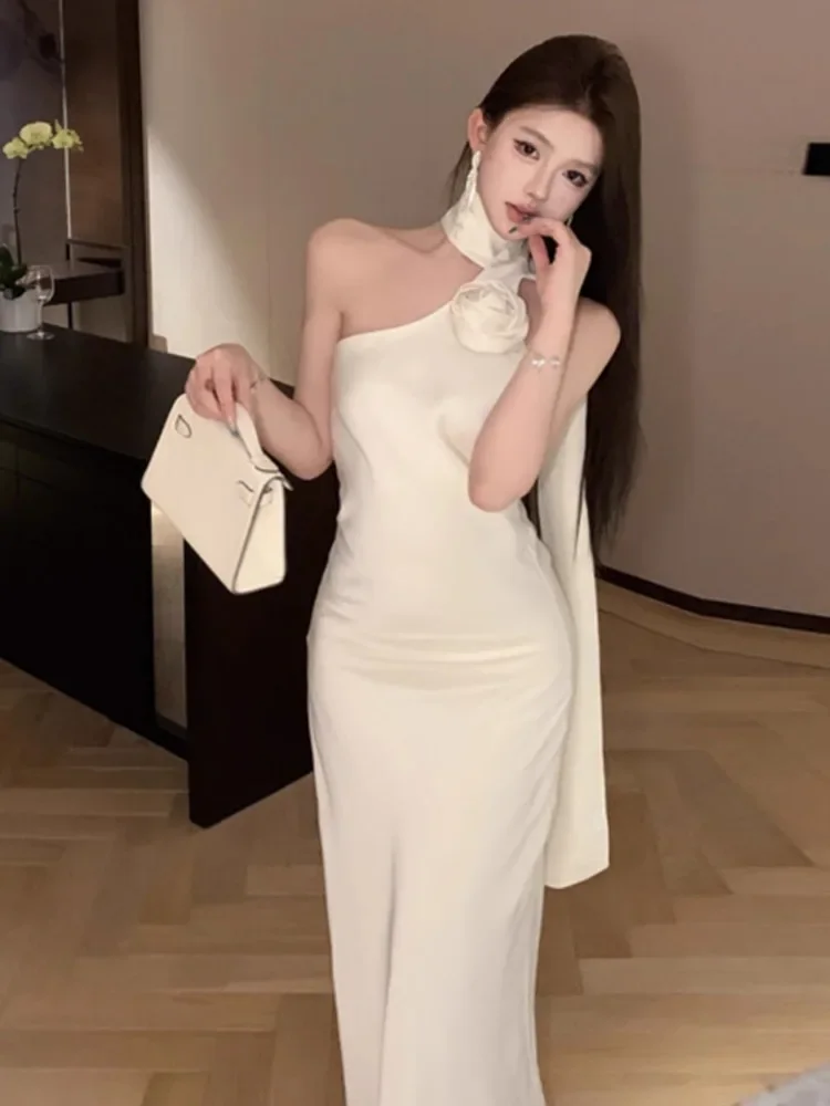 Topenomi Elegant Halter Ribbon Strapless Satin Long Dresses Women French Sexy Backless Waist Slim Fishtail Evening Party Robes