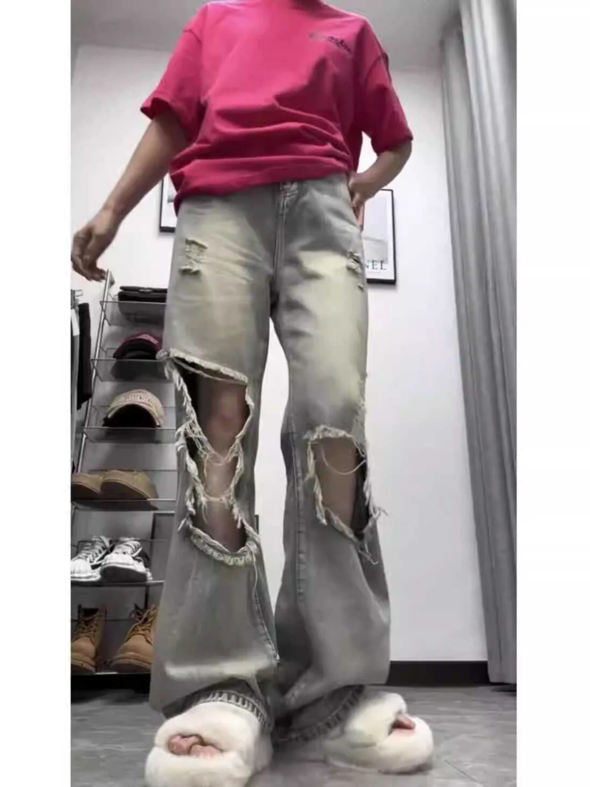 

Американские винтажные джинсы с дырками, женские летние новые прямые свободные брюки с высокой талией и широкими штанинами, дра напольные брюки