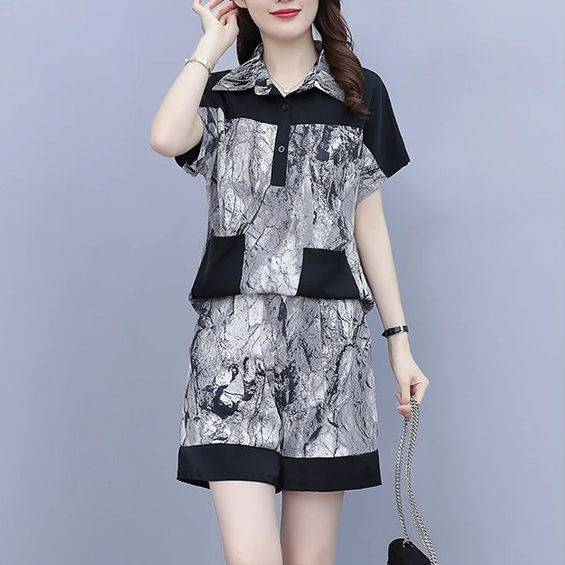 2 Piece Sets Women 2024 Summer Korean Fashion Print Patchwork Short Sleeve Tops Female Casual Street Pockets Loose Shorts Outfit