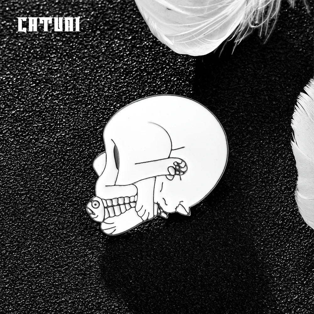 Catuni Punk Goth Skull Cat Pin Enamel Brooch Creative Lapel Backpack Badge Accessories Jewelry Collection Gifts