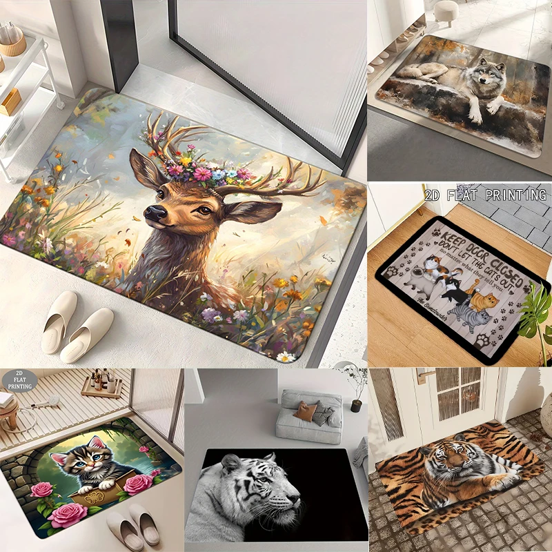 Wild Deer Entrance Doormat Oil Painting Style Stag with Floral Crown Amid Wildflowers Graphic Rug Nature Themed Entry Decor Mat