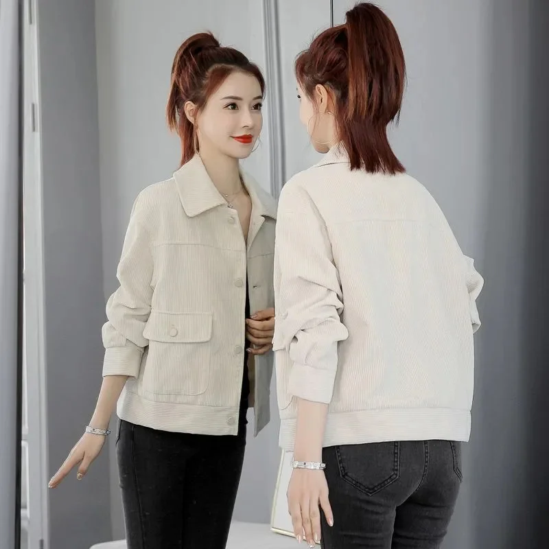 Spring Autumn Casual Short Corduroy Jacket 2024 New POLO Collar Loose Women's Clothes Coat Solid Colour Fashion Outeawer Female