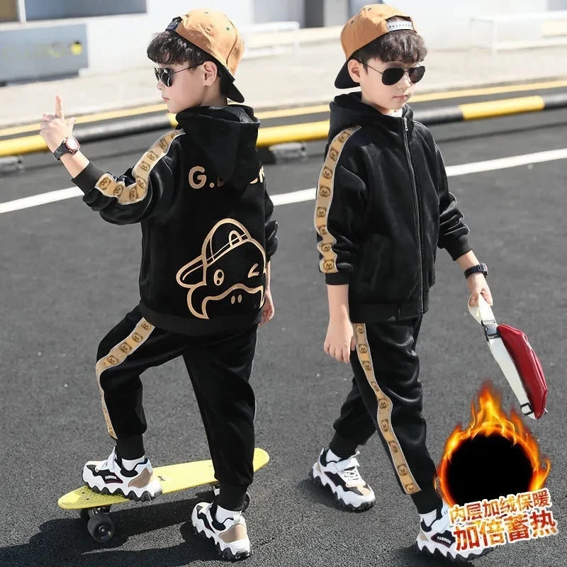 

Boys Autumn And Winter Clothing Pleuche Sports Suit 2022 New Children's Plus Velvet Padded Boys Clothes 4-12 Year Hoodies+Pants