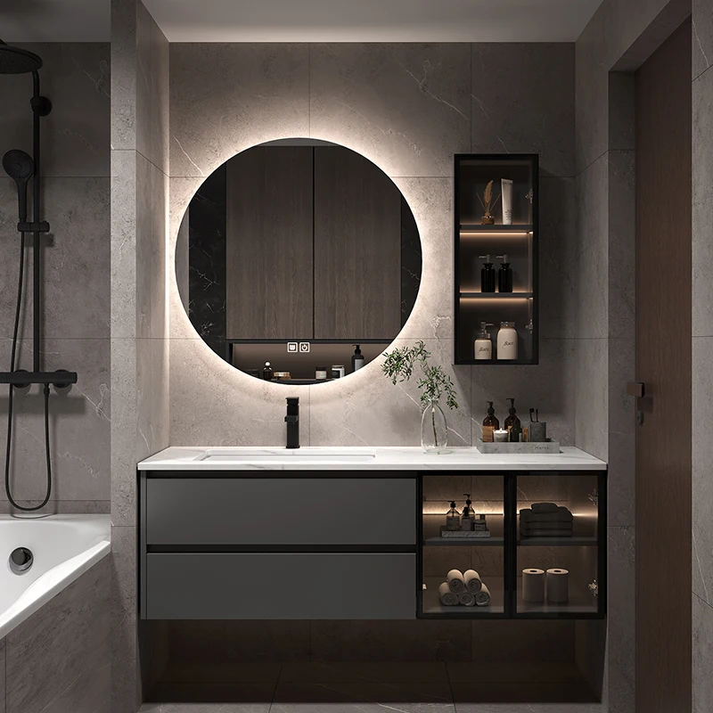 Stone slab seamless integrated basin, bathroom cabinet, combination of light luxury bathroom cabinet, toilet, washbasin,