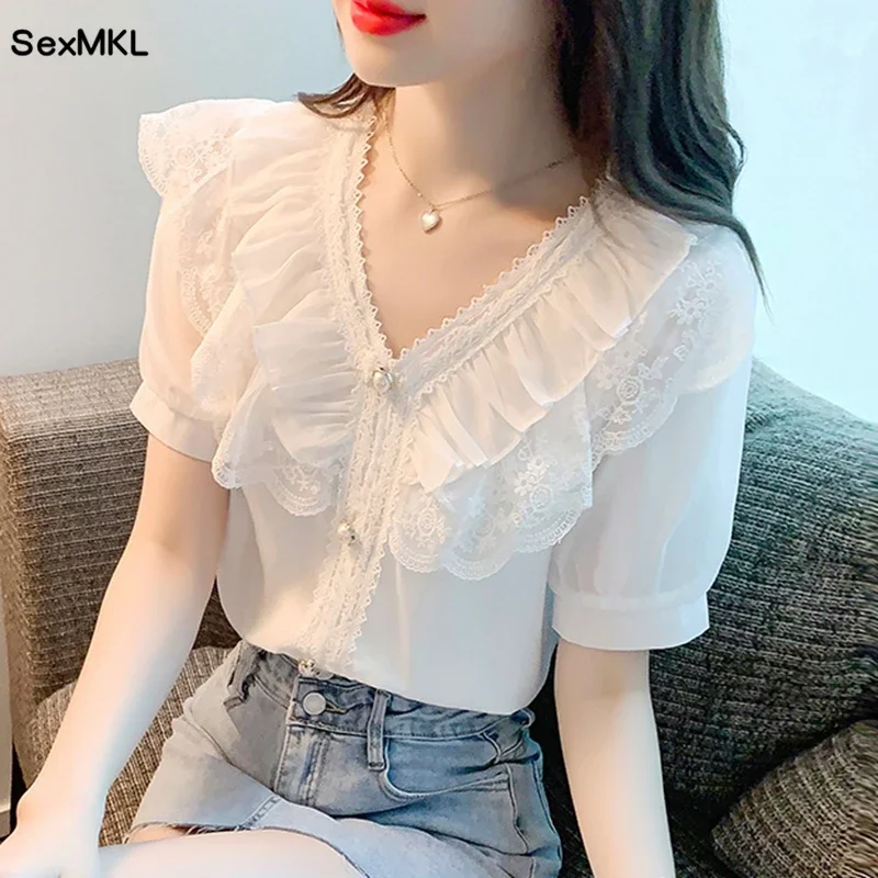 Summer Chiffon Lace Blouses Women 2024 Elegant Fashion White Blusas Femininas Casual Slim Vintage Puff Sleeve Ladies Tops Mujer