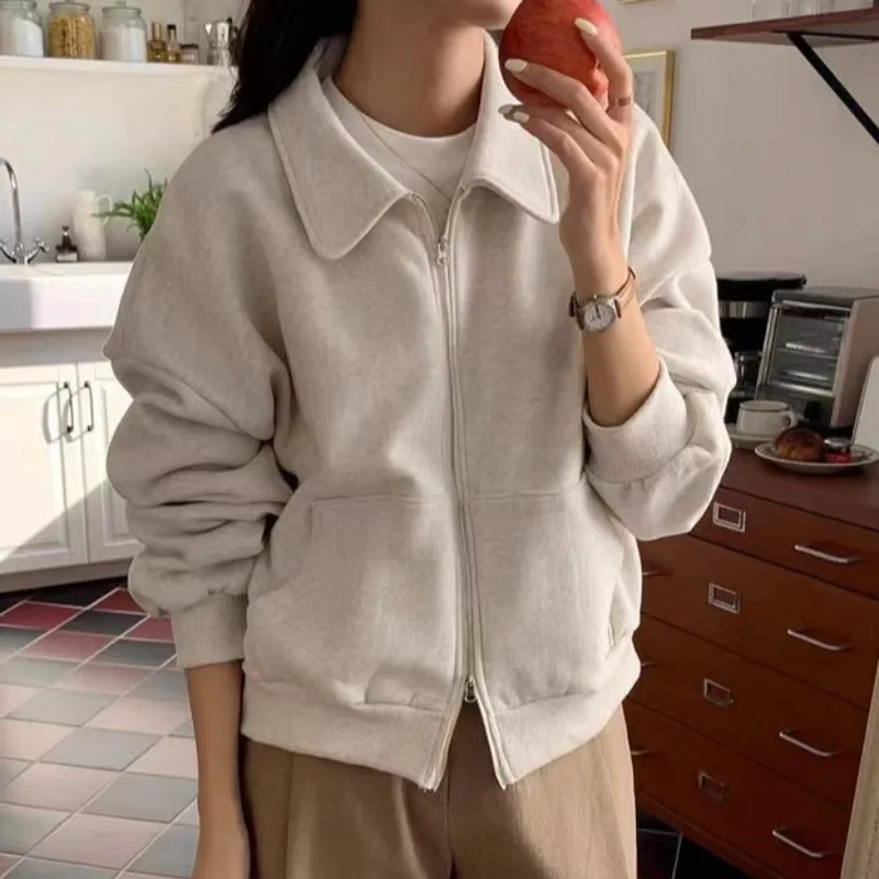 

2025 NEW South Korea Spring and Autumn Top Loose Double-head Zipper Lapel Sweater Jacket Women's Cardigan Commuter Jacket