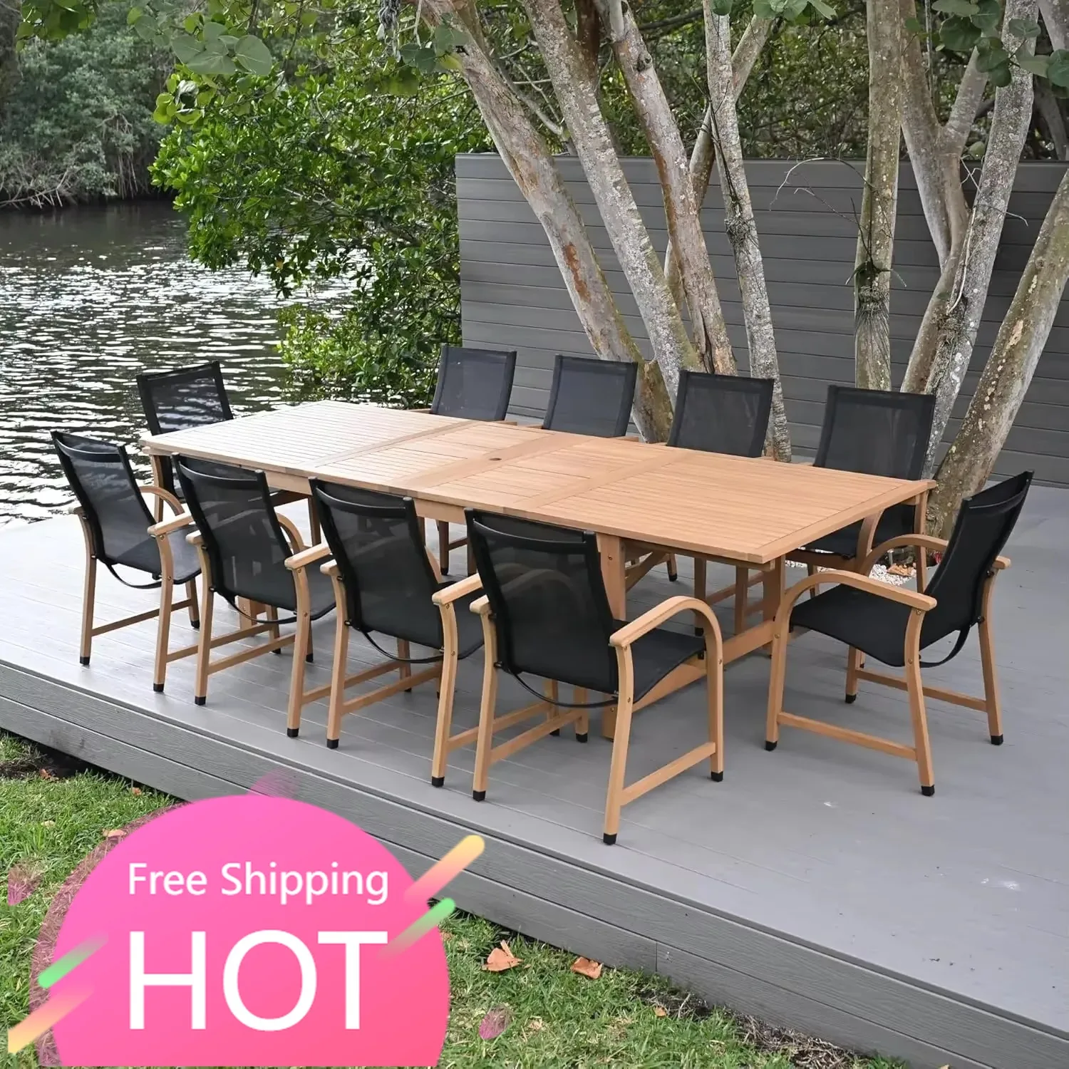 

Лидер продаж: Горячая новинка! Обеденный комплект для патио Franklin из 11 предметов, прямоугольный, раздвижной, с отделкой под тик и технологией Weather-Net. Идеально подходит для