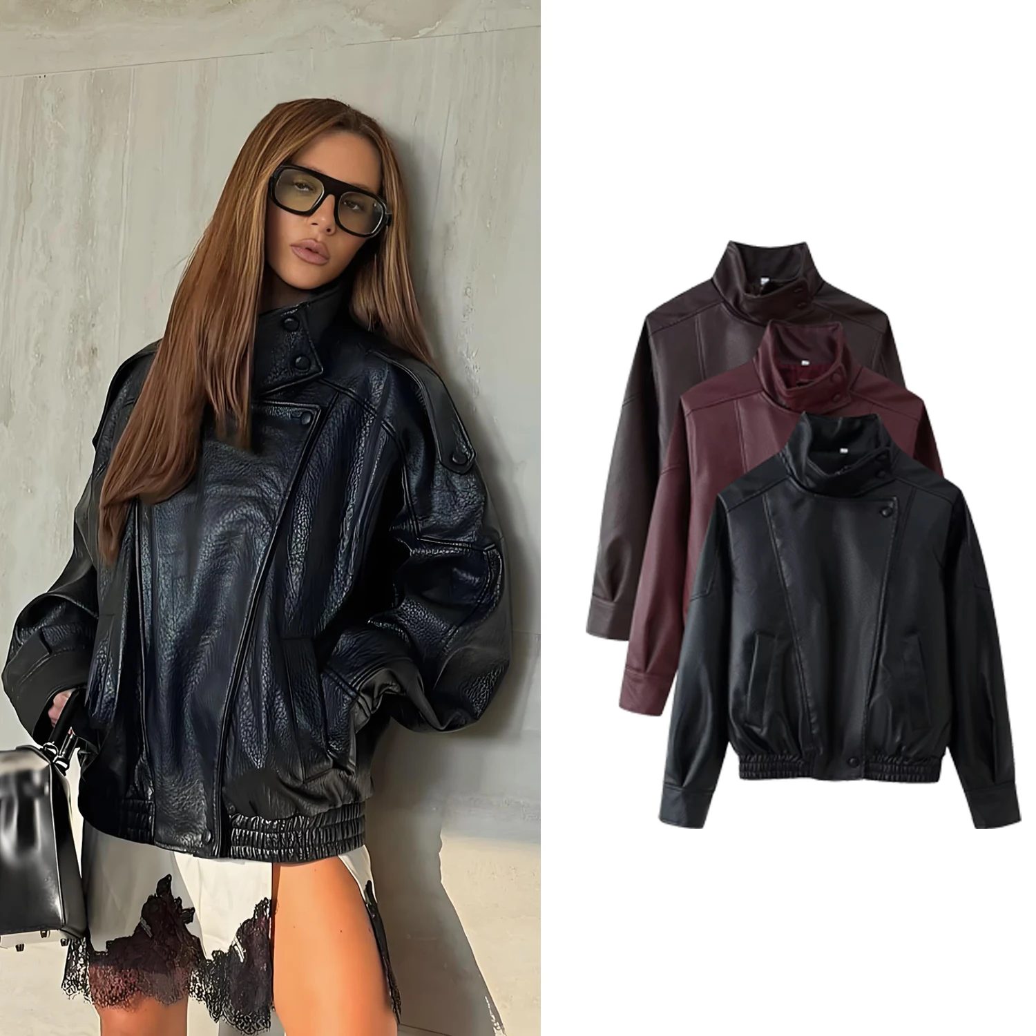 

Women Casual Chic PU Leather Jacket Coats Spring Autumn Female Long Sleeve Oversized Coats Fashion Lady Streetwear Jackets