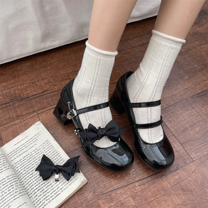 Sweet Pink Bowknot Lolita Shoes Women Fahion Buckle Med Heels Mary Janes Woman Patent Leather Thick Heels Cosplay Shoes 2024