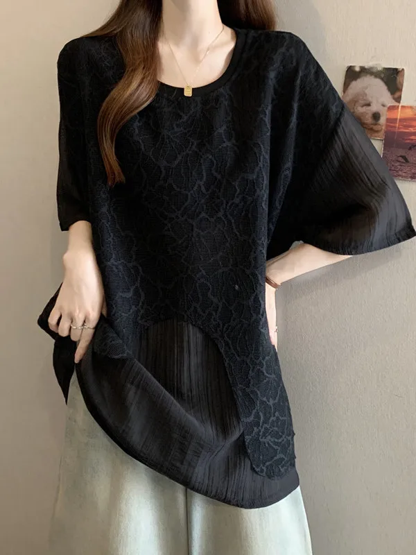 Lace Splice Short Sleeve Shirt Women's Summer New plus Size Fat MM Slimming Midi Length Cover Butt Top Korean Style Loose Fit