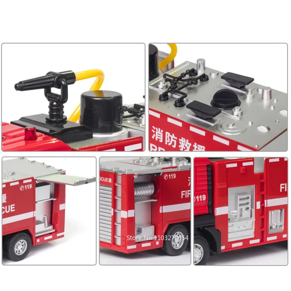 1:50 Alloy Ladder Fire Truck Water Tanker Car Model Toys Metal Diecast Vehicle Sound Light Pull Back Rubber Tires Toy Kids Gift