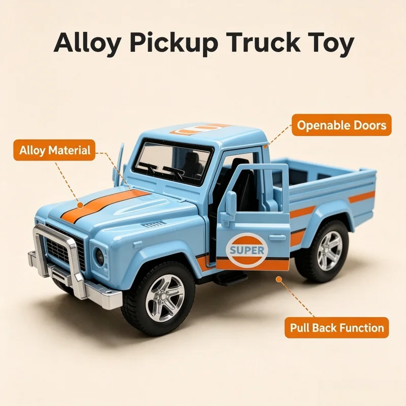 1:36 Scale Alloy Pickup Model, Retro-Style Painted Off-Road Vehicle, Removable Door Toy, Collectible Display Piece
