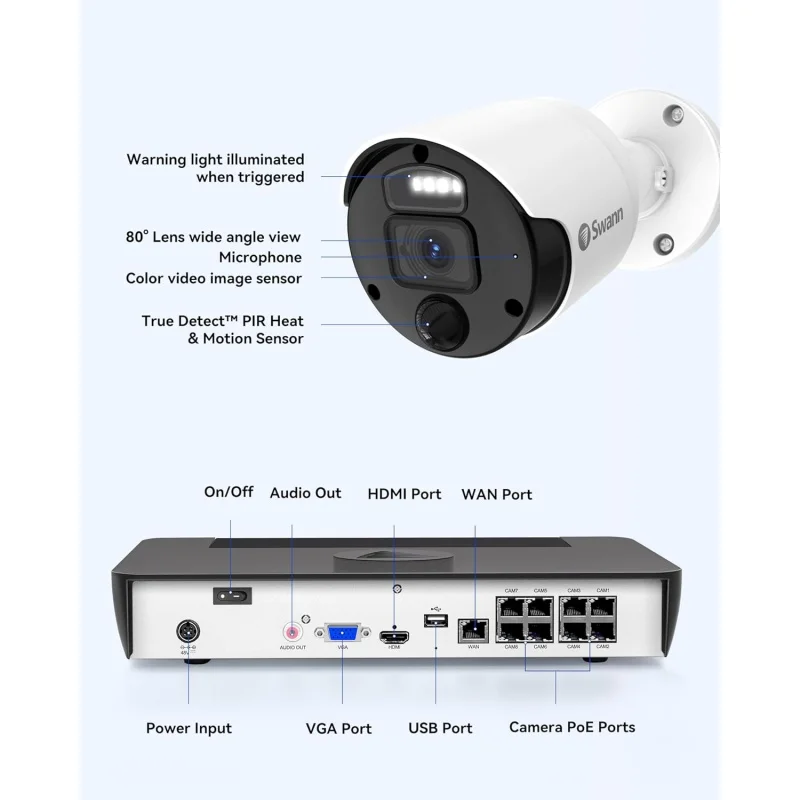 Swann-sistema de cámaras de seguridad 4K Master, 8 piezas, cámaras bala PoE, 8 canales Cat5e, sistema NVR con cable con HDD de 2TB, focos de Sensor, Col