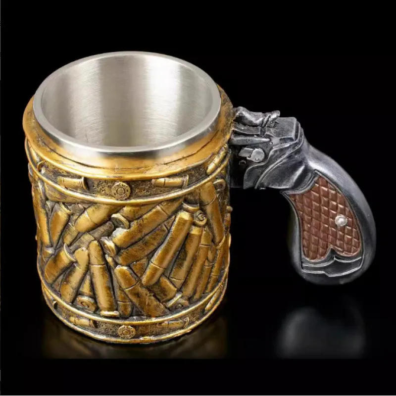 Gun Mugs Revolver Gun Tankard Beer Mug Ammo Bullet Resin Stainless Steel Inner Coffe Water Cup Stein Viking Mug Halloween Gift