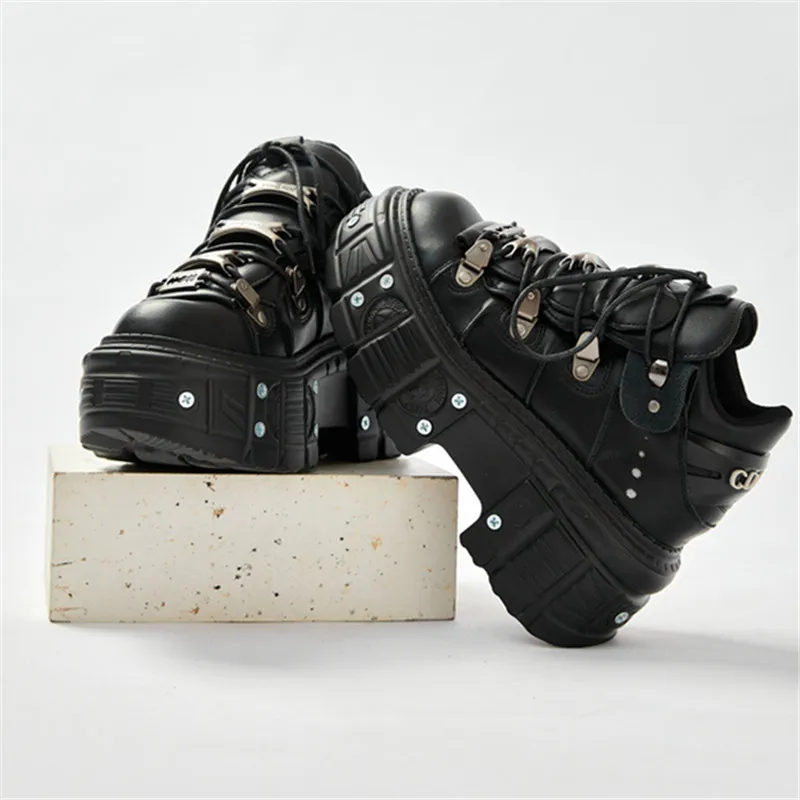 

Women Platform Ankle Boots for Woman's Lace-Up Round Toe Non-Slip Punk Style Shoes Gothic Metal Decoration Ladies Ankle Botas