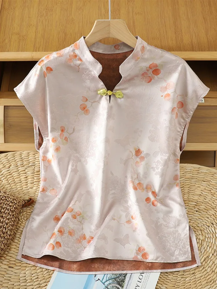 New Chinese Style Silk Shirt Women Summer National Style Improved  Short Sleeve Stand Collar Embroidered Blouse