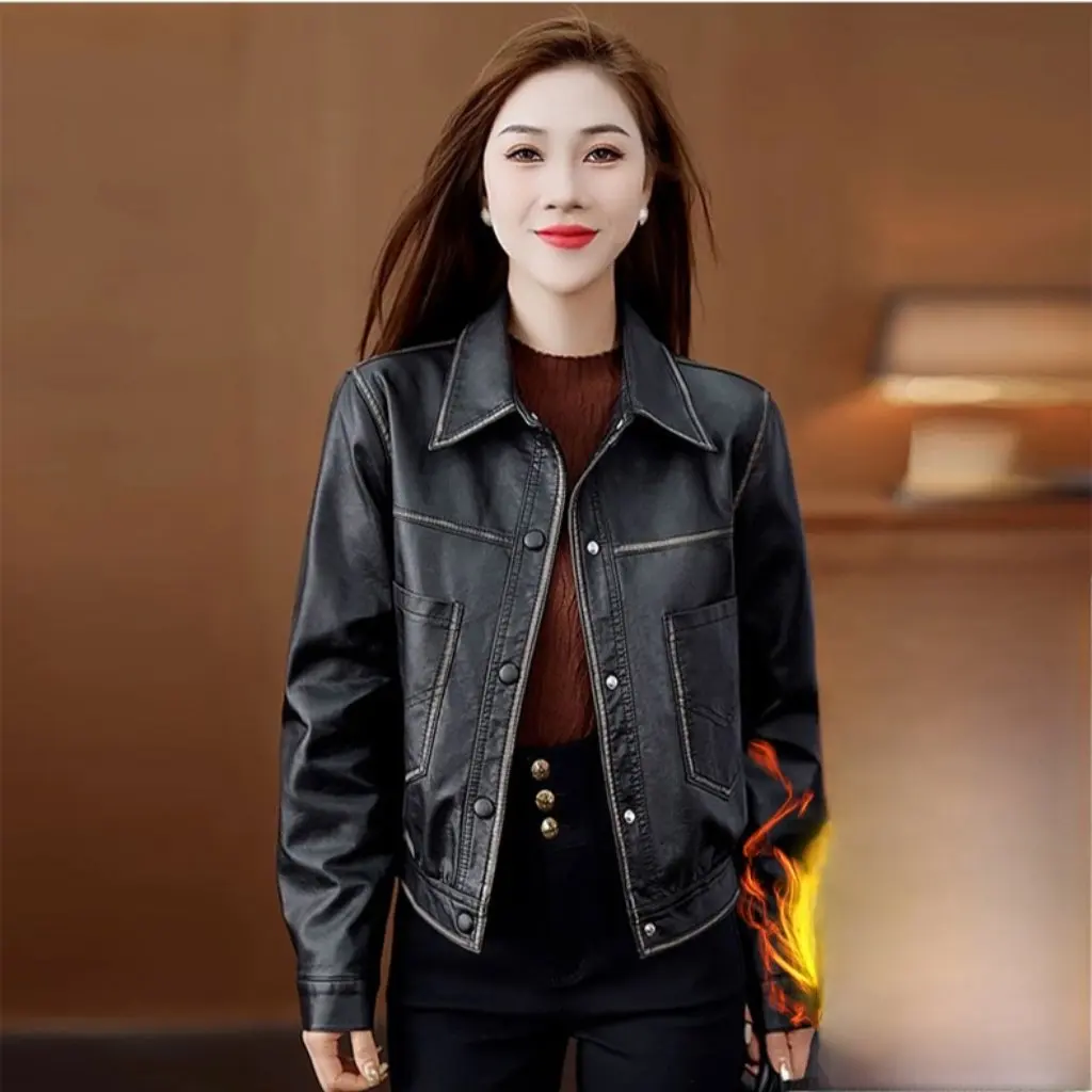 Jaket Kulit Wanita Berlapis Bulu Tebal Warna Cokelat untuk Musim Gugur dan Musim Dingin, Model Pendek Longgar, Kasual Mewah, Jaket Kulit PU untuk Berkendara Motor