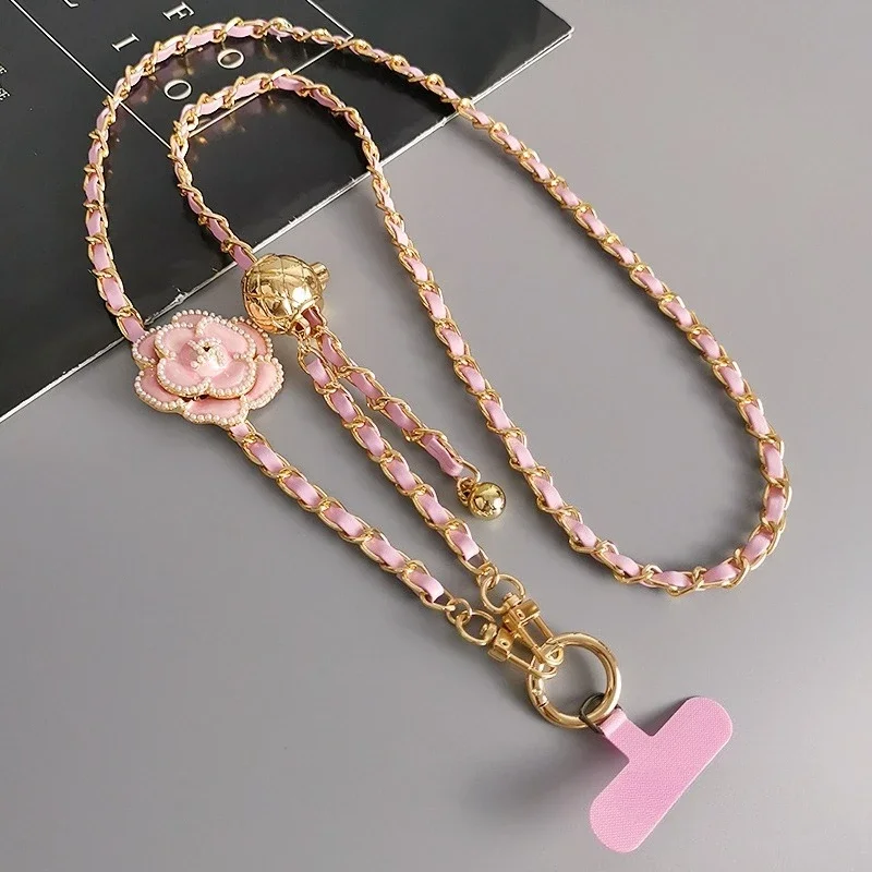Adjustable  Round Ball CrossbodyTelescopic Buckle Camellia Lanyard Mobile Phone Lanyard Pickup Chain Neck Bag Metal Chain Mobile