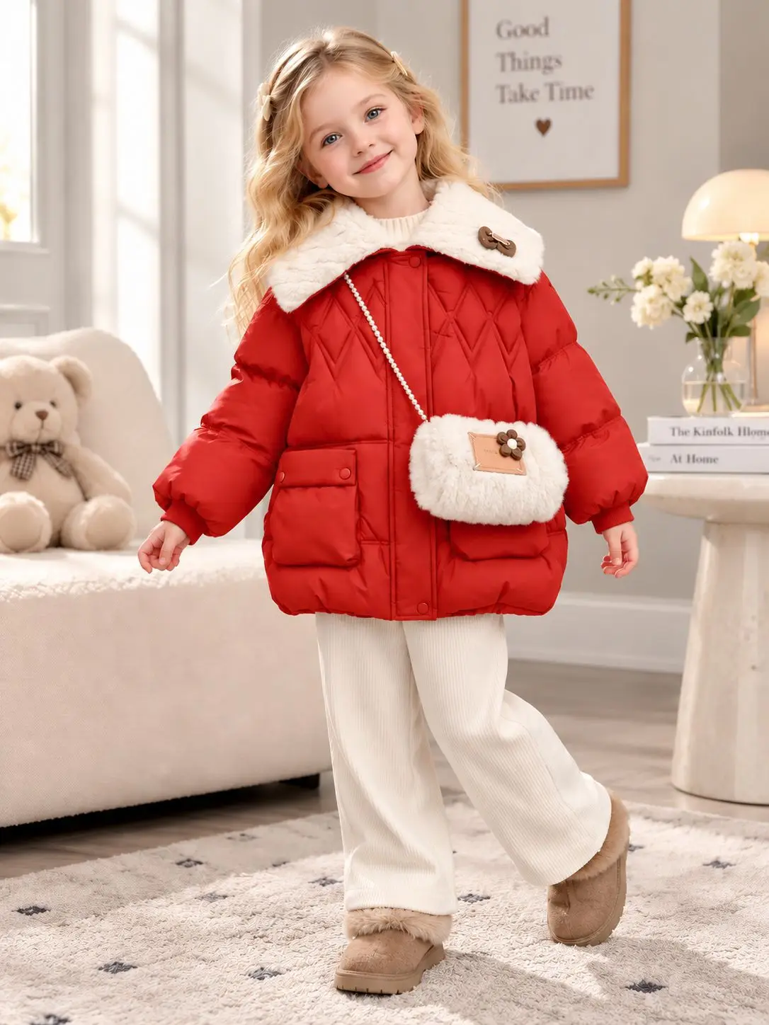 New Girls Winter Cotton Coat with Matching Bag Kids Thick Fleece Padded Jacket Fashion Big Plush Collar Outerwear for 4-14 Years