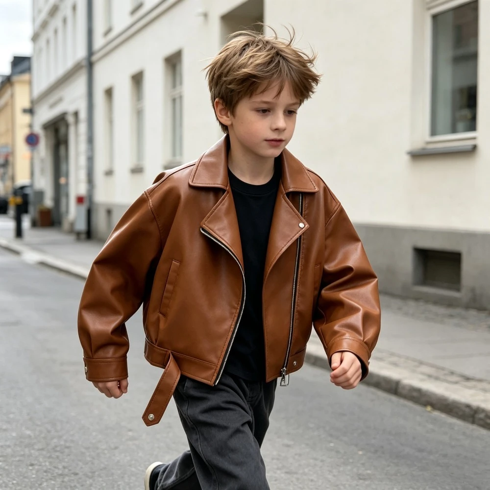 Kids PU Leather Moto Jacket Boys Girls Asymmetrical Zipper Belted Lapel Collar Classic Biker Outwear Vintage Casual Daily Wear