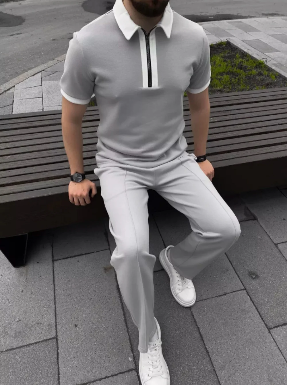 Men's Suit With Zipper Lapel, Solid Color Glossy Plate, Basic Short-Sleeved Top, Pocket, Light Mature Casual Trousers