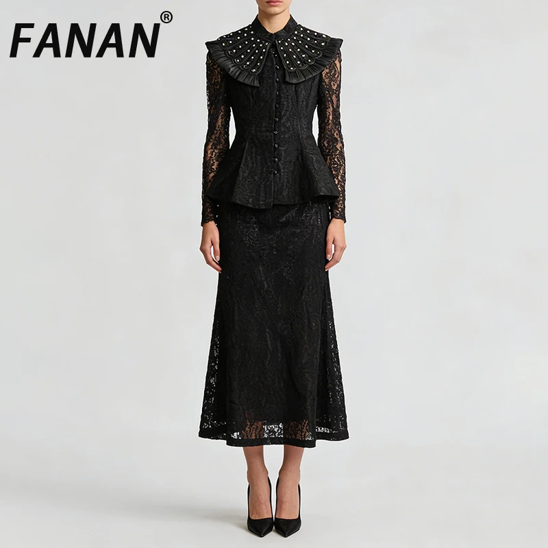 

FANAN Solid Spliced Lace Two Piece Sets For Women Round Neck Long Sleeves Tunic Top High Waist Skirt Sets Female Clothing