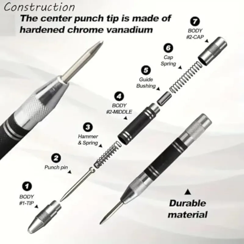 128/155mm Black and White Center Punch Automatic Spring Type Locator Glass Striker Window Breaker  Punch Centering Tool