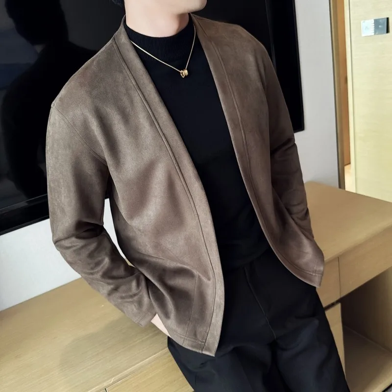 

Busin Casual Men's Faion Slim Fit No Collar Jaet Autumn New Sle Engli Sle Open Cardigan Coat Polyester Fiber