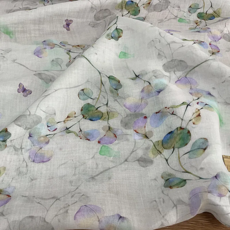 one meter High quality pure ramie fabric leaf digital printing tissu clothing Gown Dress fabrics