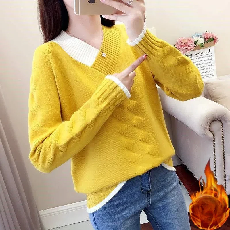 Autumn Winter Women\'s Clothing V-Neck Flocking Solid Color Sweater Knitted Elegant Pullover Fashionable Screw Thread Tops