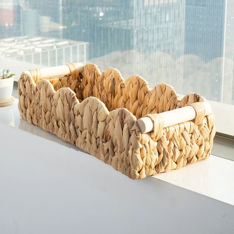 Natural Fiber Storage Basket with Wooden Side Handles, Rectangular Catchall for Desk Supplies, Shelf Storage, Mail, Cards, 37JD