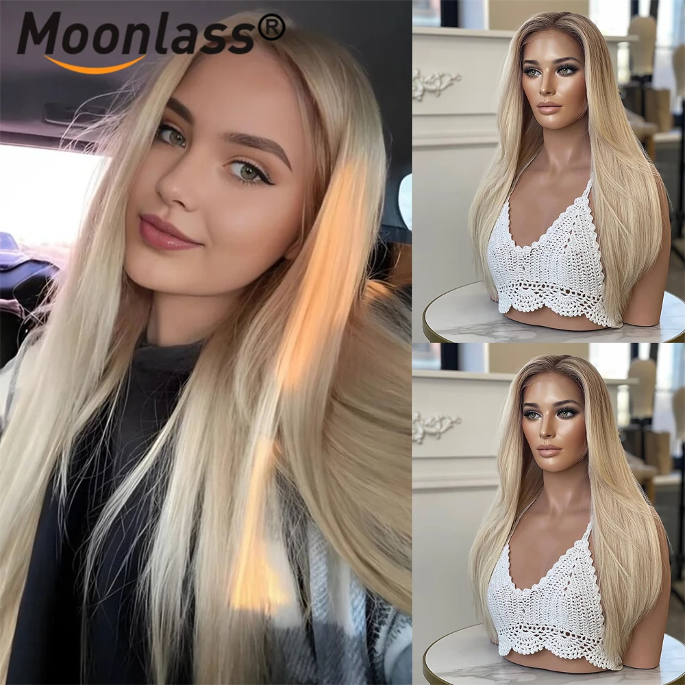 

180% Density Bone Long Straight Milk Tea Blonde Virgin Human Hair Wig Salon Ombre Hightlight 13x4 Undetectable Lace Front Wigs