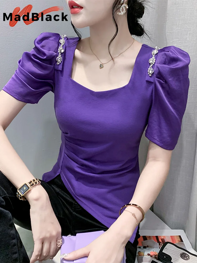 MadBlack Summer European Clothes T-Shirt Sexy Square Collar Shiny Diamonds Slim Tops Female Short Puff Sleeve Tees New T34634M