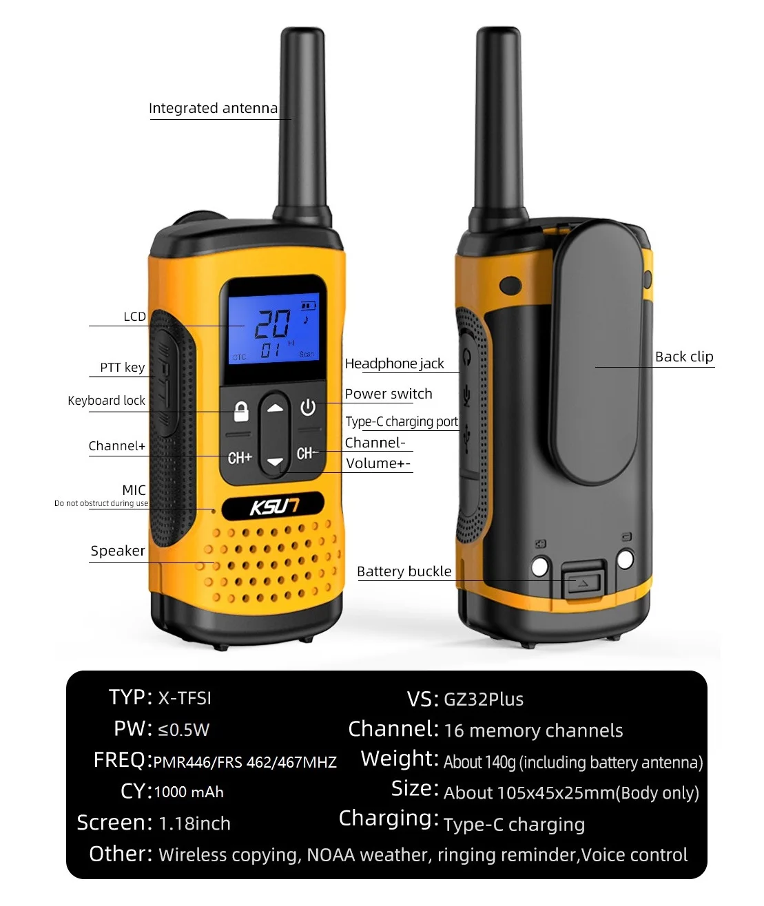 KSUT-walkie-talkie GZ32PLUS FRS/PMR para niños, Radio 2 piezas tipo C, carga portátil, Radio recargable bidireccional, dispositivo inalámbrico