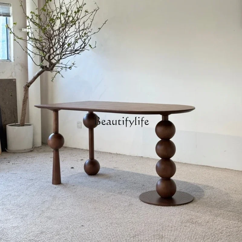 

yj19 Medieval solid wood dining table household light luxury small apartment retro dining table