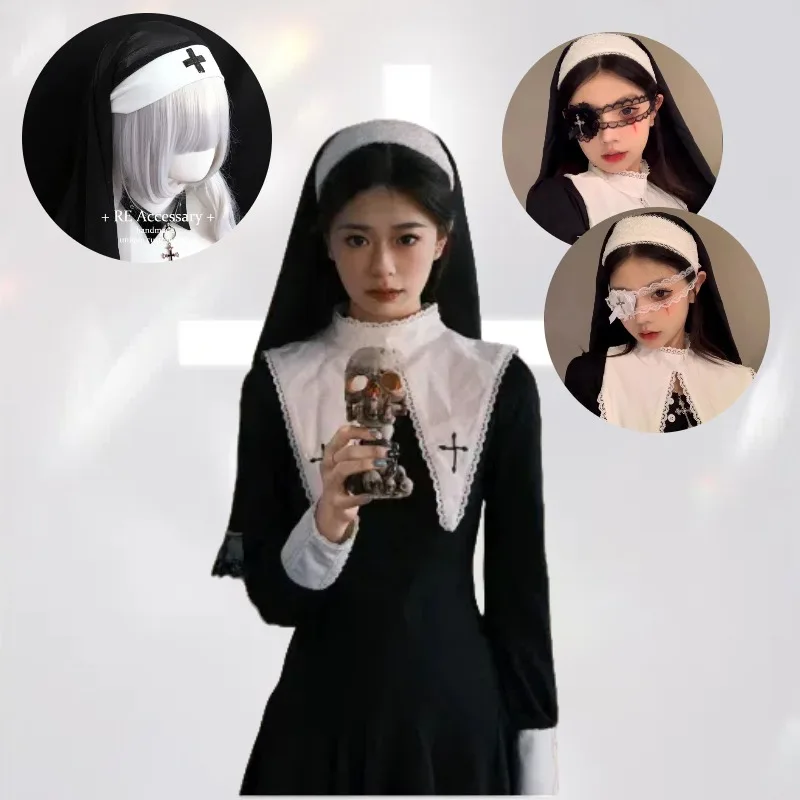 

Women Girls Nun Cosplay Costume Gothic Lolita Dark Dress Lace Eye Mask Headscarf Suit for Halloween Carnival Party Roleplay