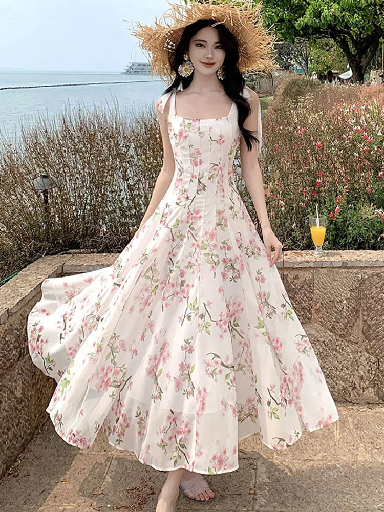 

Summer Floral Chiffon Chic Bow Sling Long Dress Women Elegant Casual Beach Style A-Line Dress 2025 Korean Bodycon Evening Dress