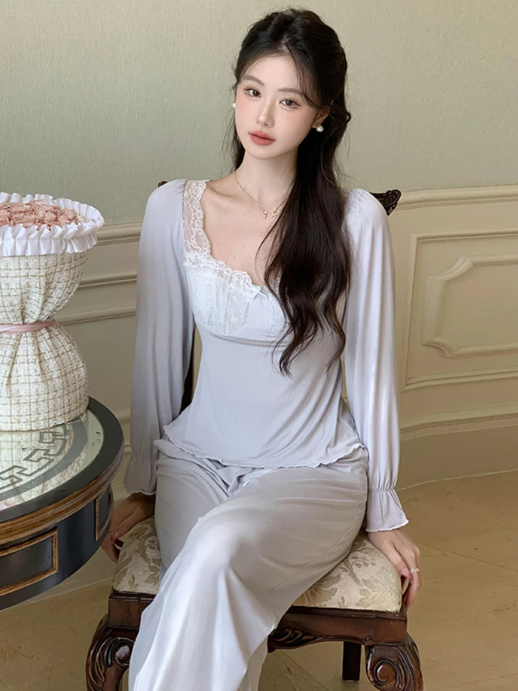 Spring Autumn Pajamas Women's French New High End Color Contrast 2-Piece Sweet Fashionable Outerwear Home Clothes