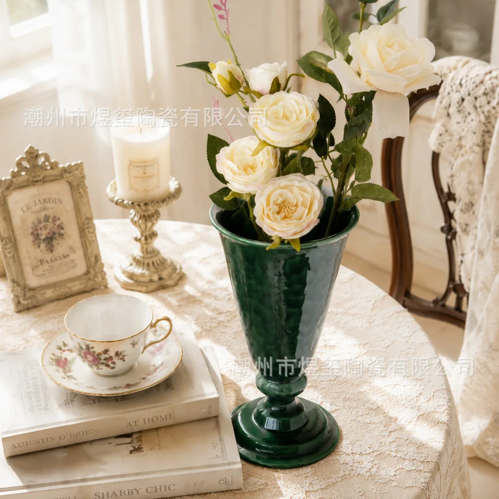HYS French retro tall ceramic decorative vase large diameter living room coffee table ornament home desktop flower arrangement