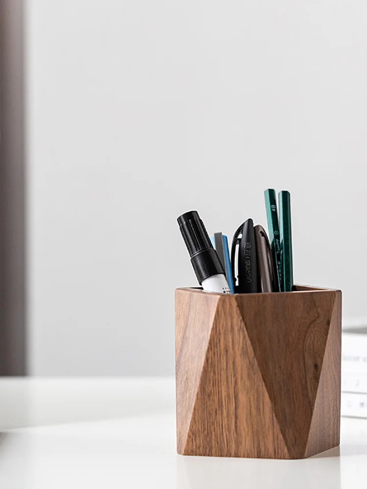 

Office supplies: black walnut pen holder, wooden stationery storage tube, vintage solid wood makeup brush, desktop storage box