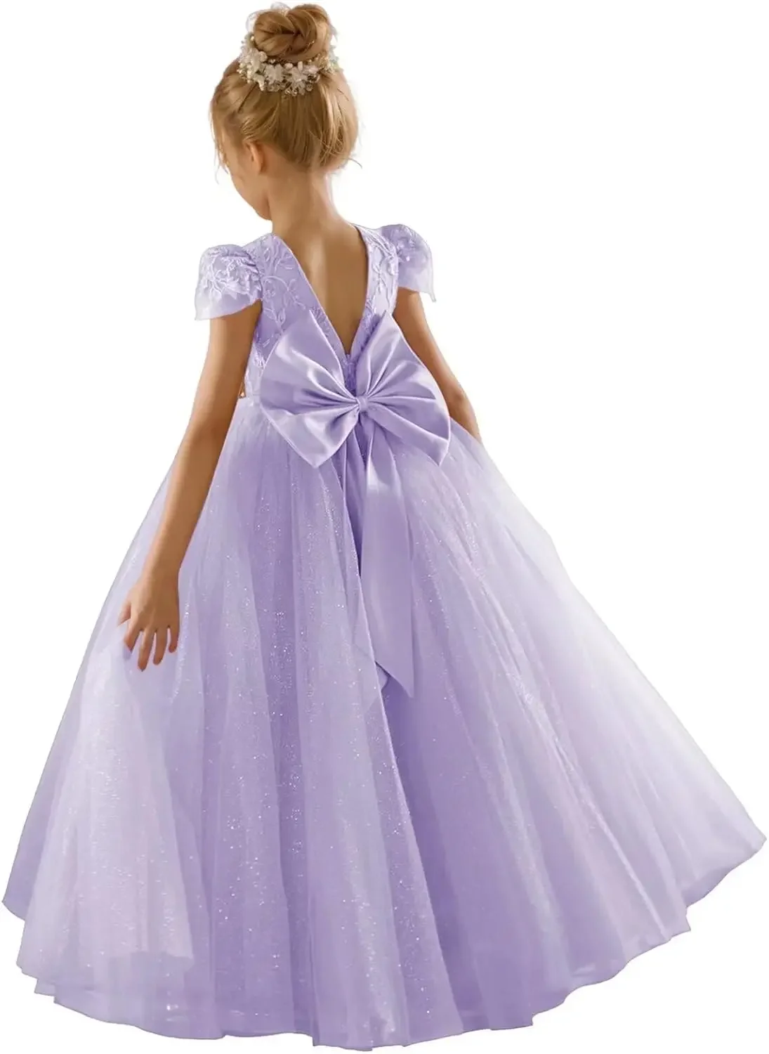 V-Neck Pageant Prom Ball Gown with Bow Princess Dress Flower Girls Lace Cap Sleeve Dress for Wedding Puffy Tulle Back