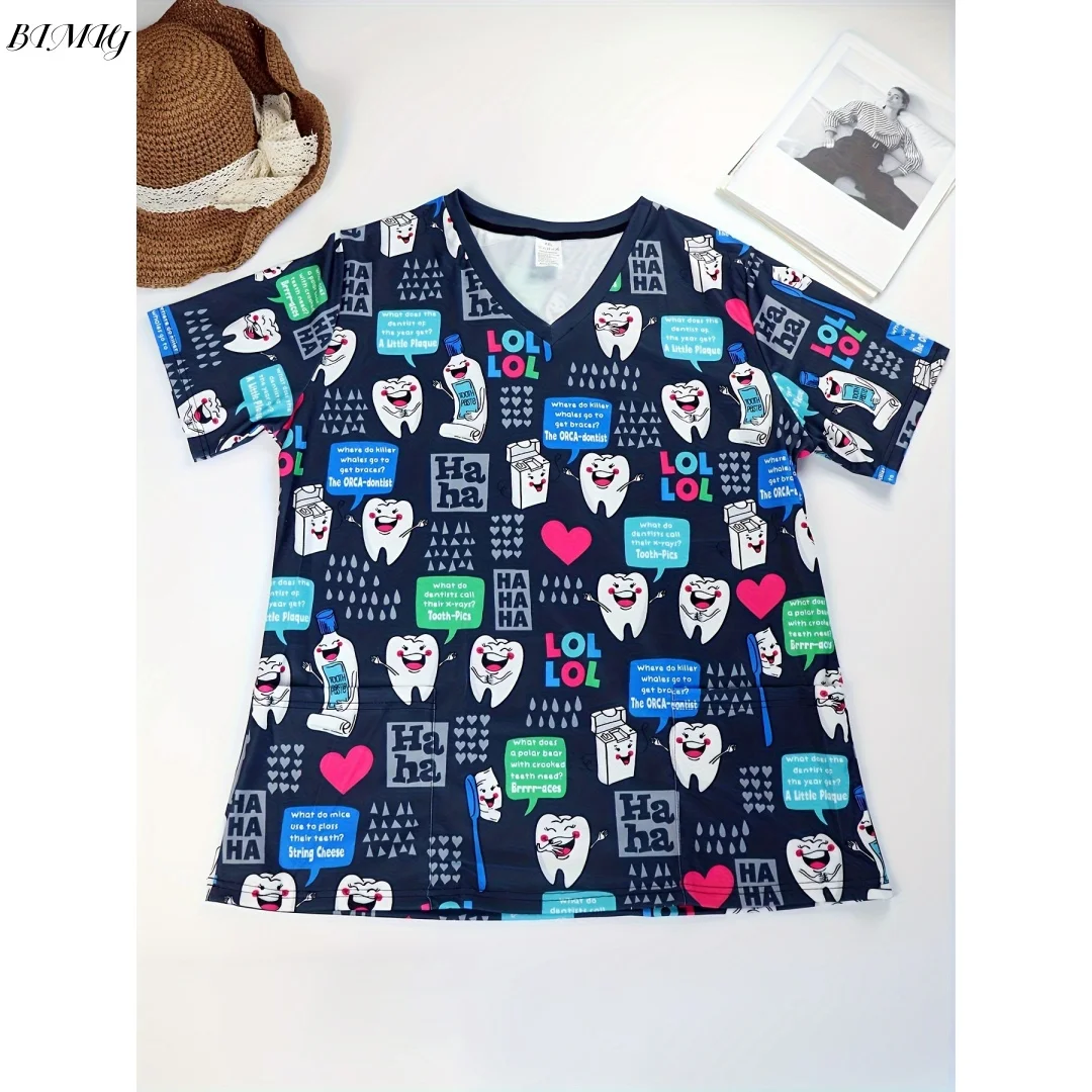 Uniforme de asistente dental para mujer, camiseta de manga corta con cuello en V y estampado 3D de dientes de dibujos animados con bolsillos funcionales, ropa de trabajo de verano